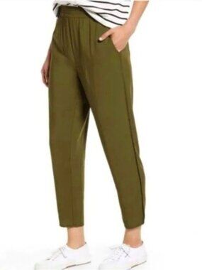 Madewell Cropped Dolphin Hem Lightweight Track Trousers in Olive Green -Size Med